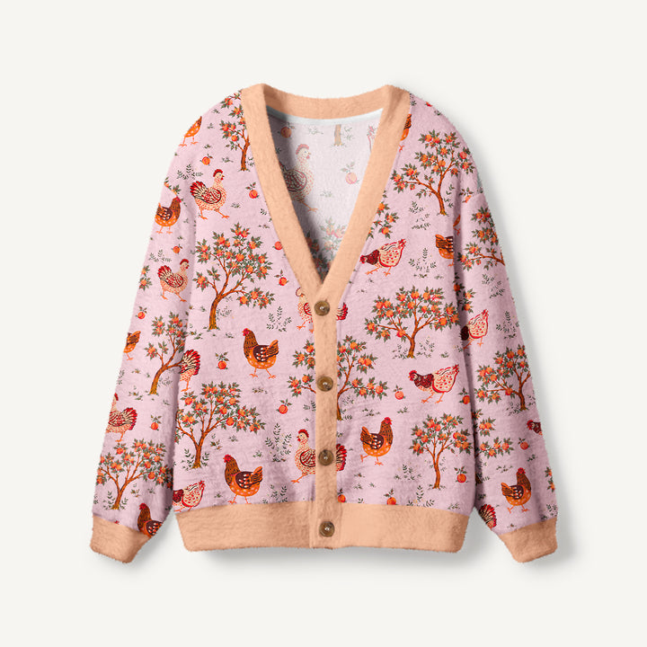 Cardigan lavorato a maglia con galline di campagna e frutteto