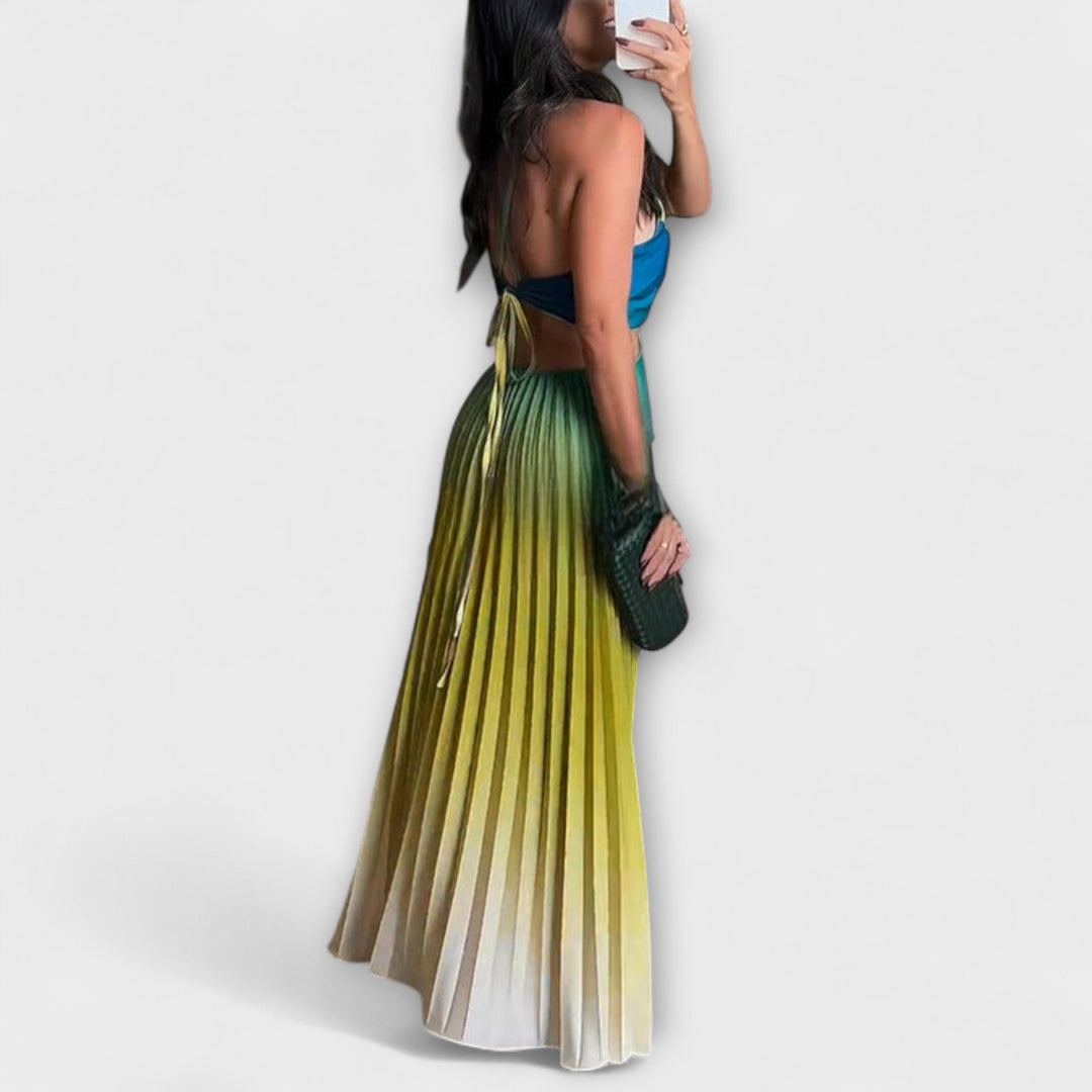 Haven – Vestito Maxi Elegante Senza Schiena con Gradienti e Pieghe Legate