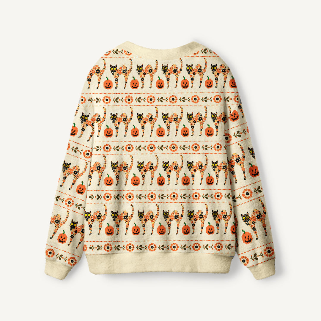 Cardigan lavorato a maglia con motivo floreale in stile boho, con gatti e zucche, per Halloween