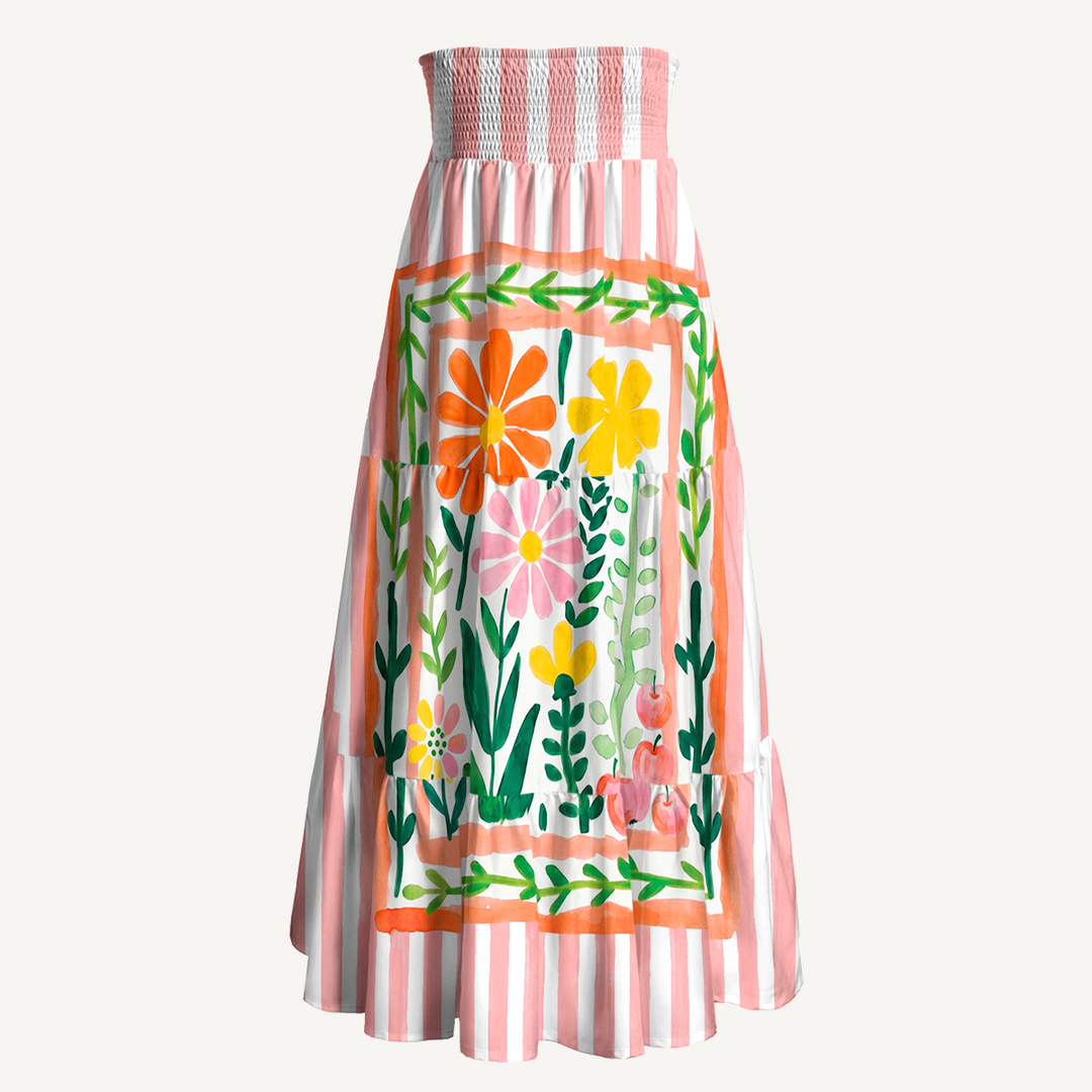 Gonna lunga con stampa floreale tropicale e palme e abito senza spalline