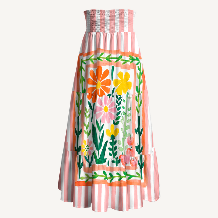 Gonna lunga con stampa floreale tropicale e palme e abito senza spalline