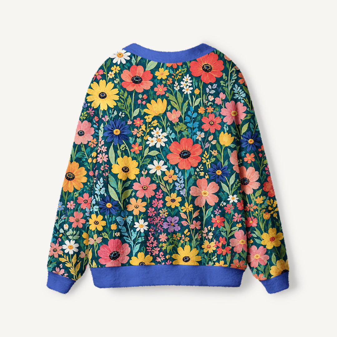 Cardigan lavorato a maglia color verde petrolio scuro con prato di fiori selvatici
