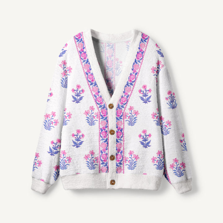 Cardigan lavorato a maglia con motivi botanici in delicate tonalità di rosa e blu