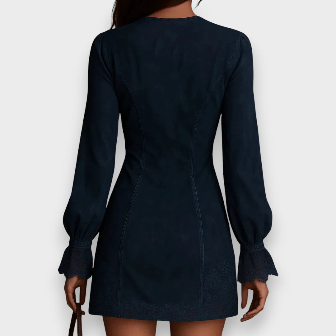 Jane | Mini abito in suede blu con pizzo