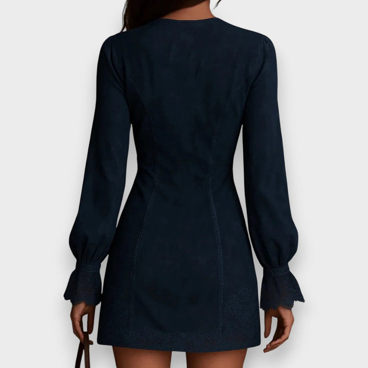 Jane | Mini abito in suede blu con pizzo
