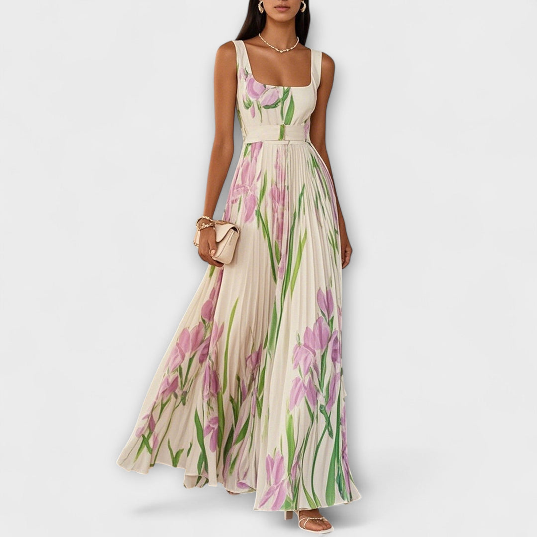 Rosalind | Abito Maxi in Chiffon a Fiori Plissettato con Cintura in Vita