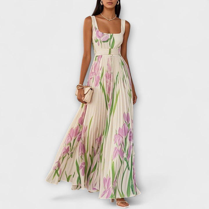 Rosalind | Abito Maxi in Chiffon a Fiori Plissettato con Cintura in Vita
