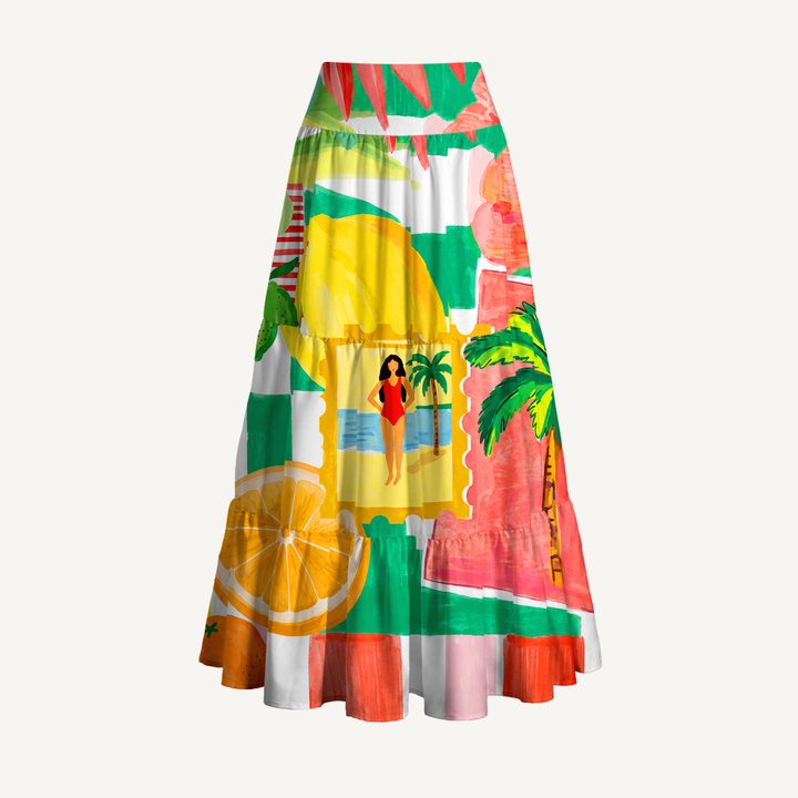 Gonna lunga con stampa floreale tropicale e palme e abito senza spalline
