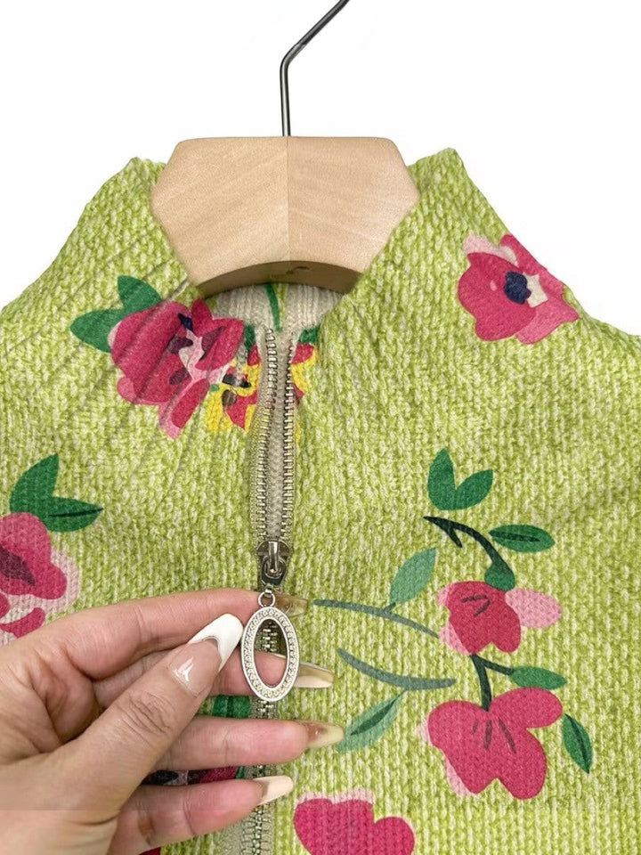 Elke™ | Cardigan a maglia verde con motivo floreale