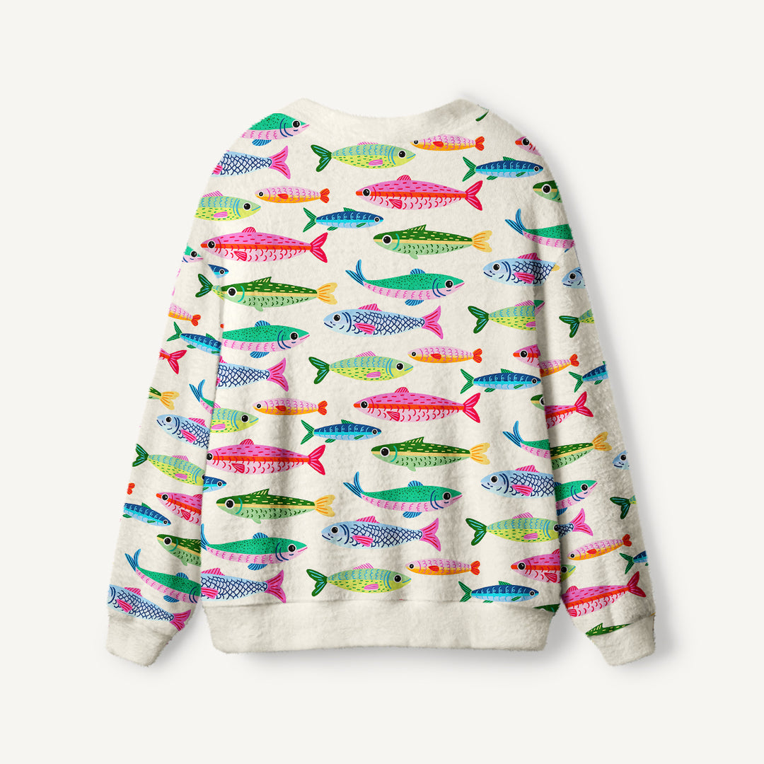Cardigan lavorato a maglia con sardine dai colori vivaci