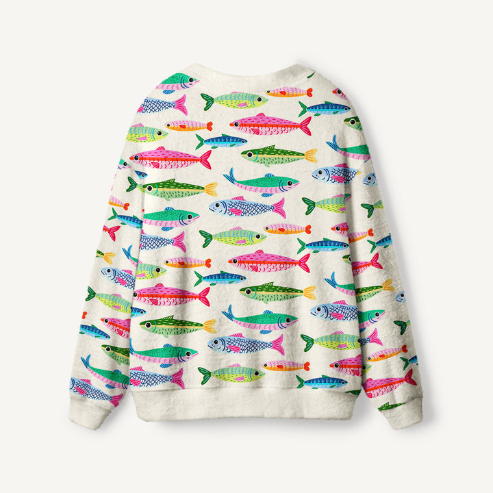 Cardigan lavorato a maglia con sardine dai colori vivaci