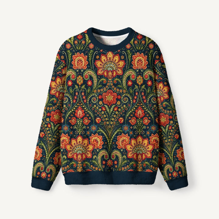 Maglione vintage a collo rotondo con motivi floreali folk e paisley