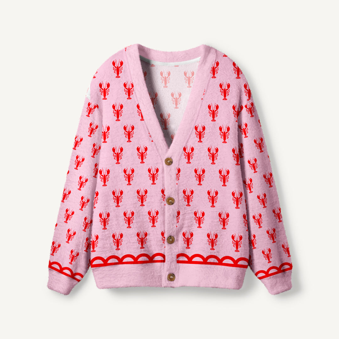 Cardigan lavorato a maglia con aragoste rosa