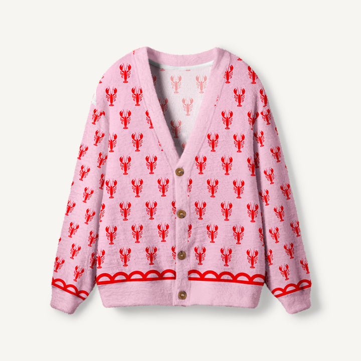 Cardigan lavorato a maglia con aragoste rosa