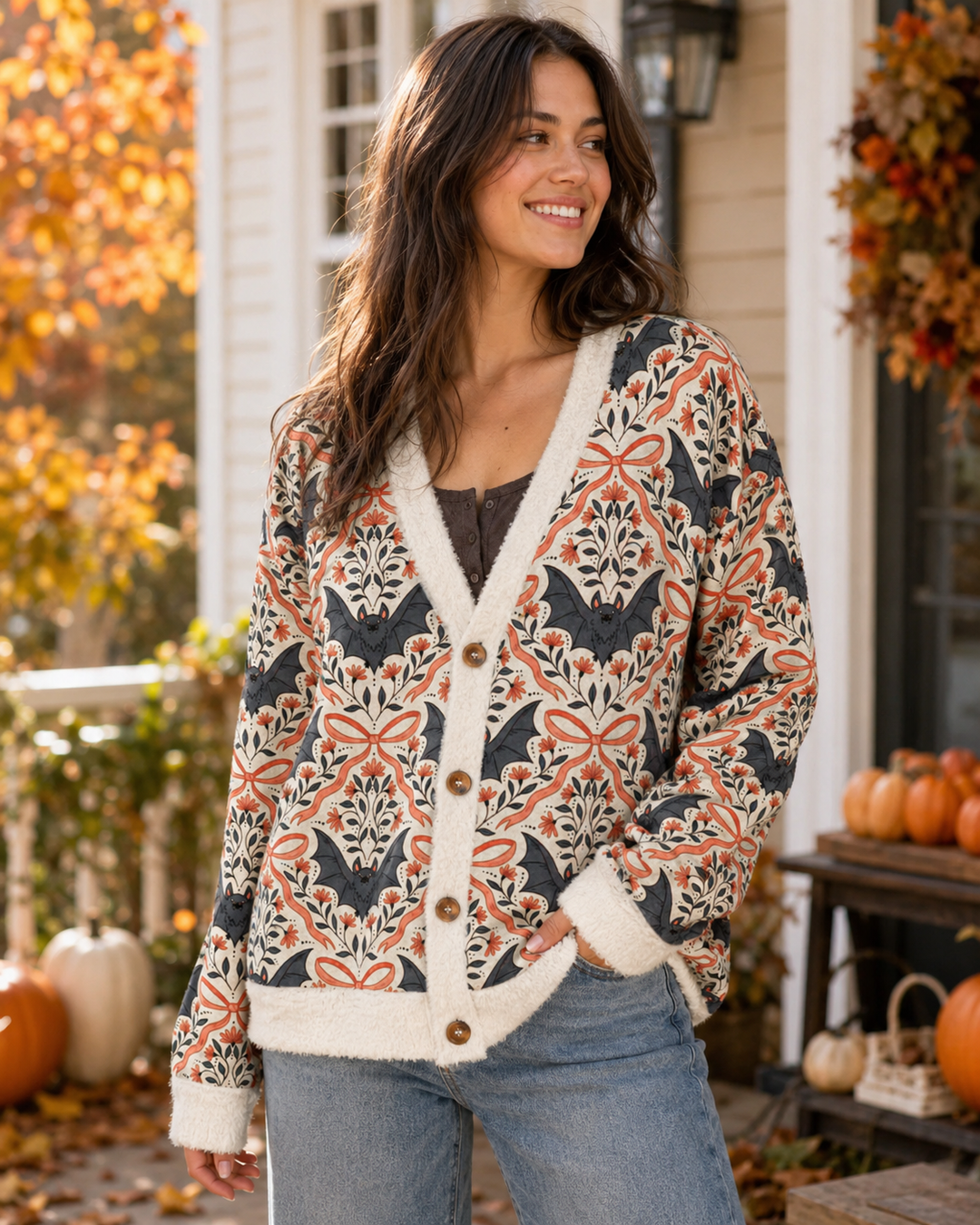 Cardigan vintage con motivo a ragnatela, in stile Halloween e boho