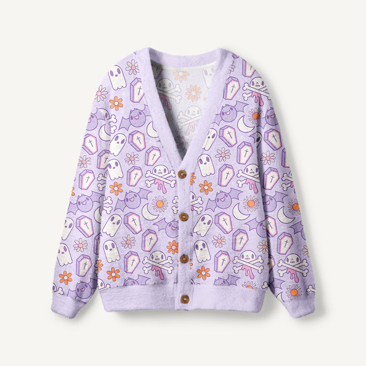 Cardigan in maglia stile boho per Halloween con motivo “giardino di lavanda e fantasma”