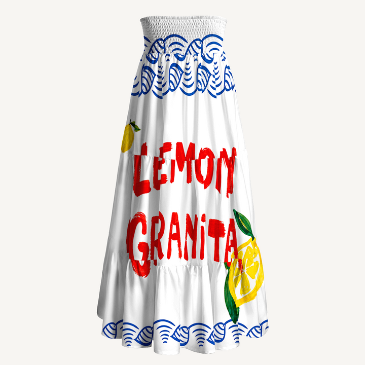 Gonna lunga e abito senza spalline nei colori aragosta e limone