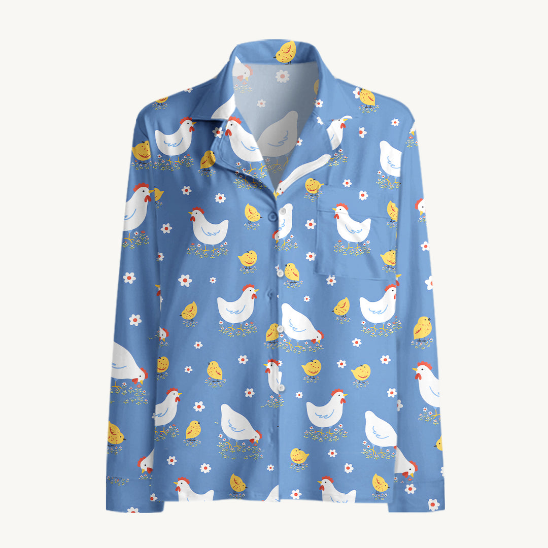 Set di pigiami a maniche lunghe con galline, pulcini e fiori di campagna
