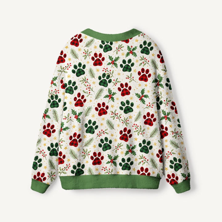 Cardigan Natalizio Lavorato a Maglia con Fantasia di Zampe di Gatto “Buon Natale”