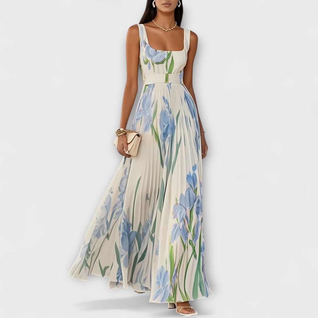 Rosalind | Abito Maxi in Chiffon a Fiori Plissettato con Cintura in Vita