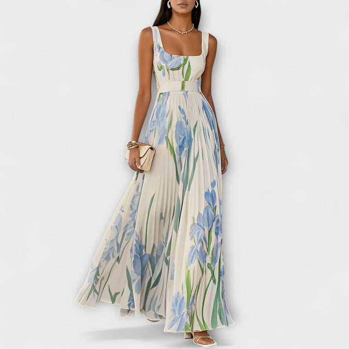 Rosalind | Abito Maxi in Chiffon a Fiori Plissettato con Cintura in Vita