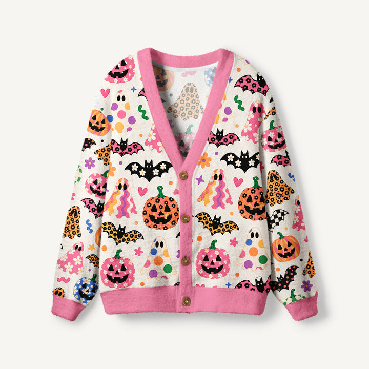 Cardigan lavorato a maglia con motivi di zucche fantasma, pipistrelli e Halloween