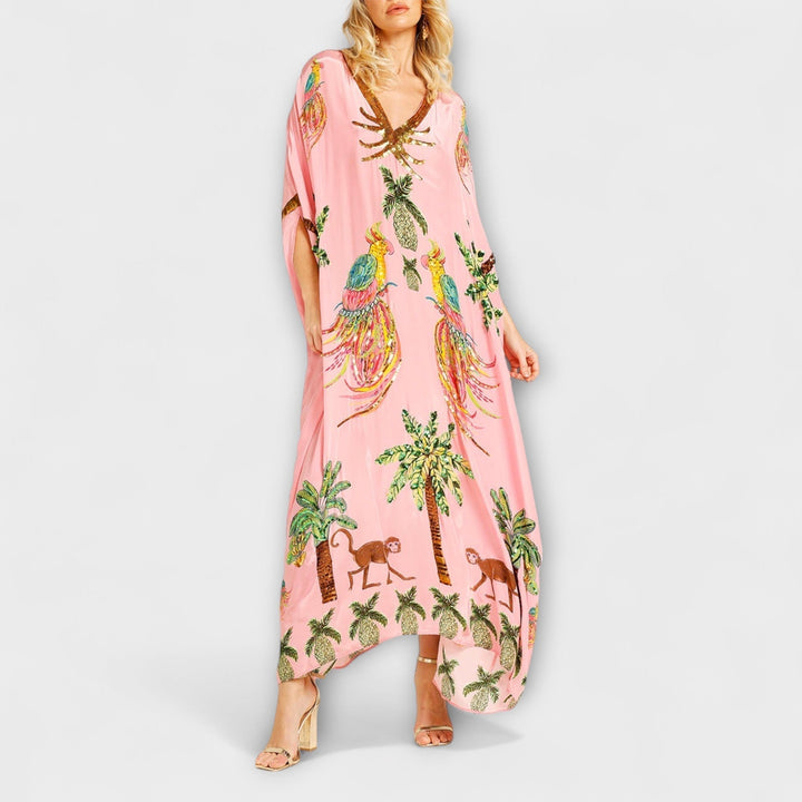 Linda - Abito Off-Shoulder con Spalla Asimmetrica e Stampa Palmetta