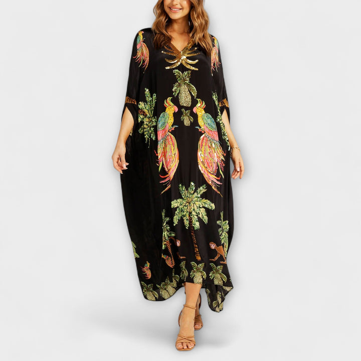 Linda - Abito Off-Shoulder con Spalla Asimmetrica e Stampa Palmetta