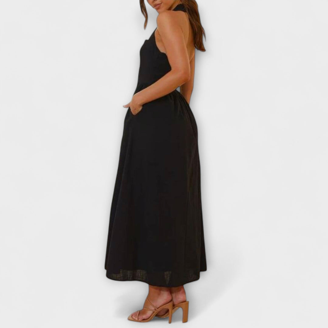 Lydia - Abito Halter Nero a Media Lunghezza con Dettaglio in Vita