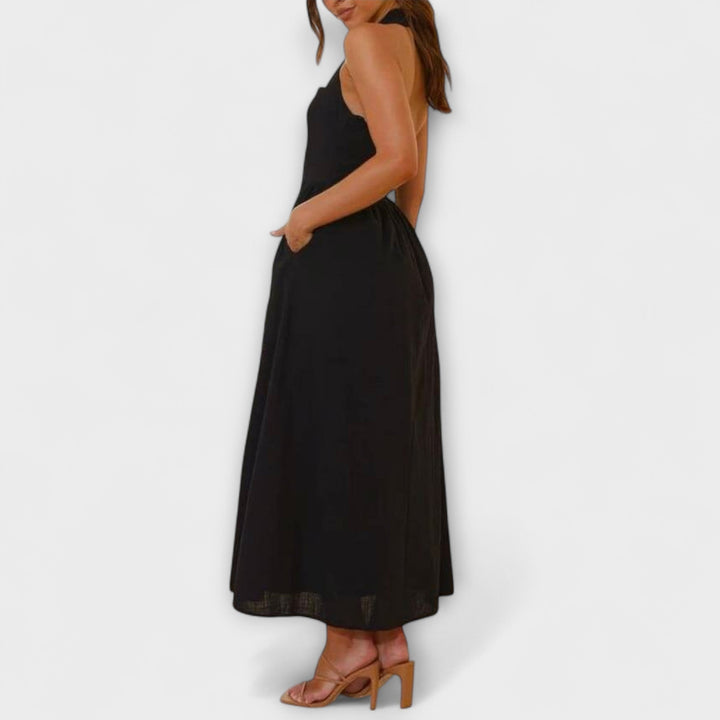 Lydia - Abito Halter Nero a Media Lunghezza con Dettaglio in Vita