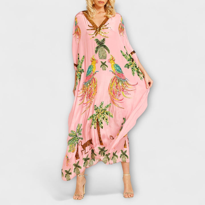 Linda - Abito Off-Shoulder con Spalla Asimmetrica e Stampa Palmetta