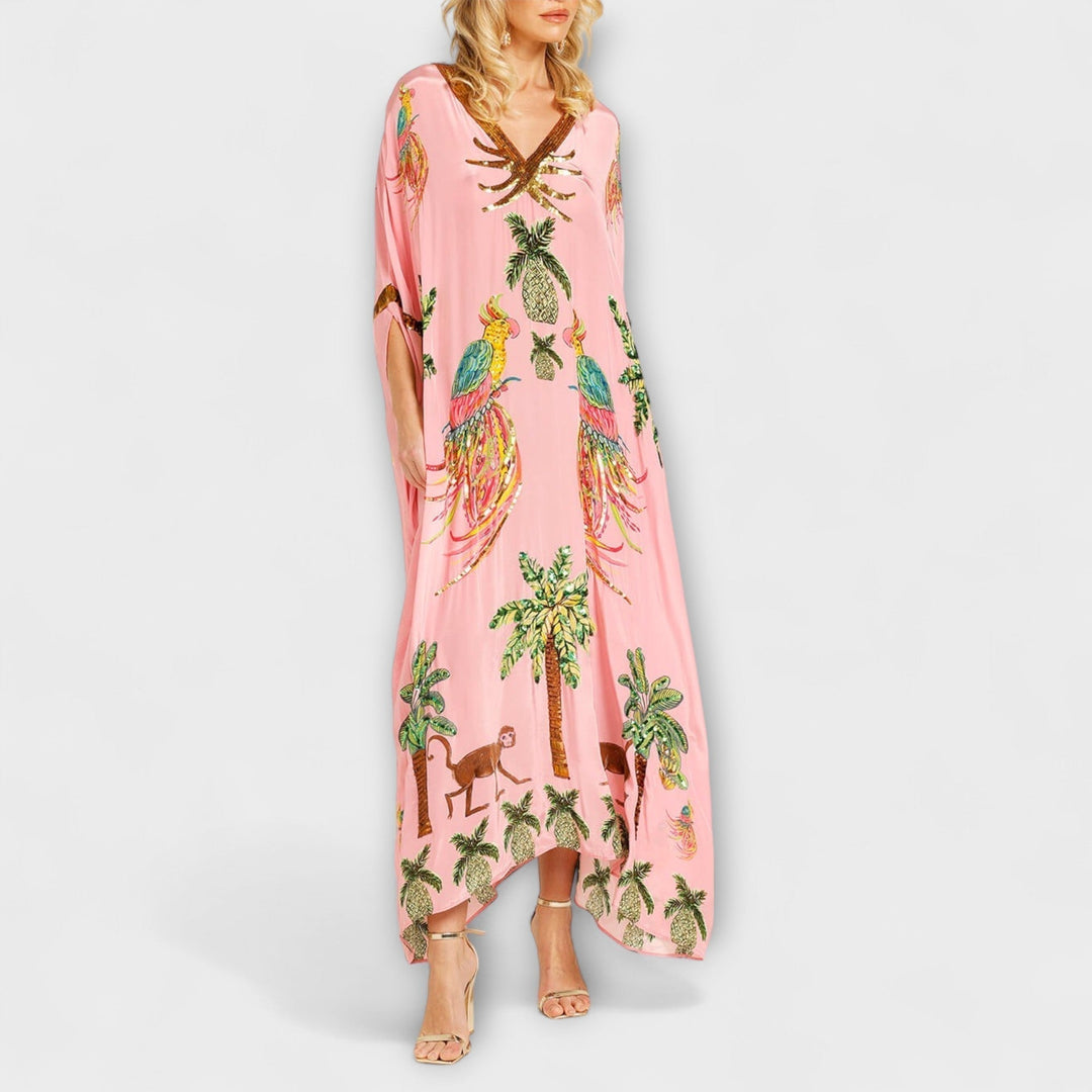 Linda - Abito Off-Shoulder con Spalla Asimmetrica e Stampa Palmetta