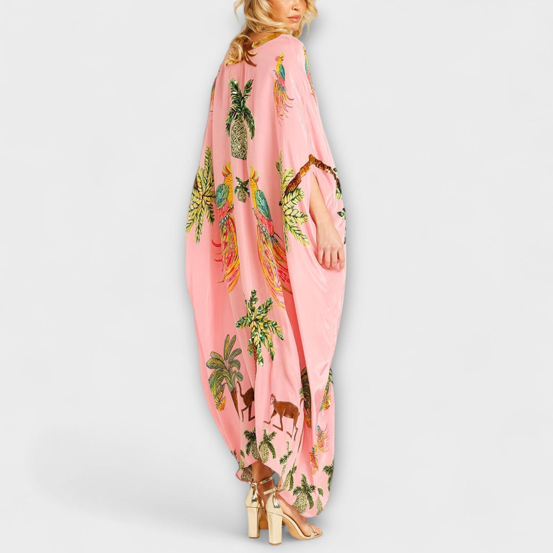 Linda - Abito Off-Shoulder con Spalla Asimmetrica e Stampa Palmetta