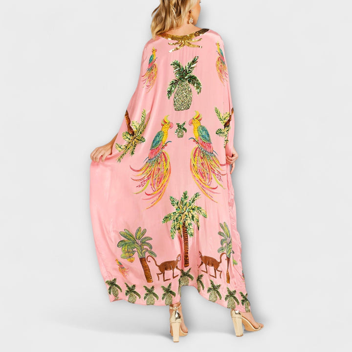 Linda - Abito Off-Shoulder con Spalla Asimmetrica e Stampa Palmetta