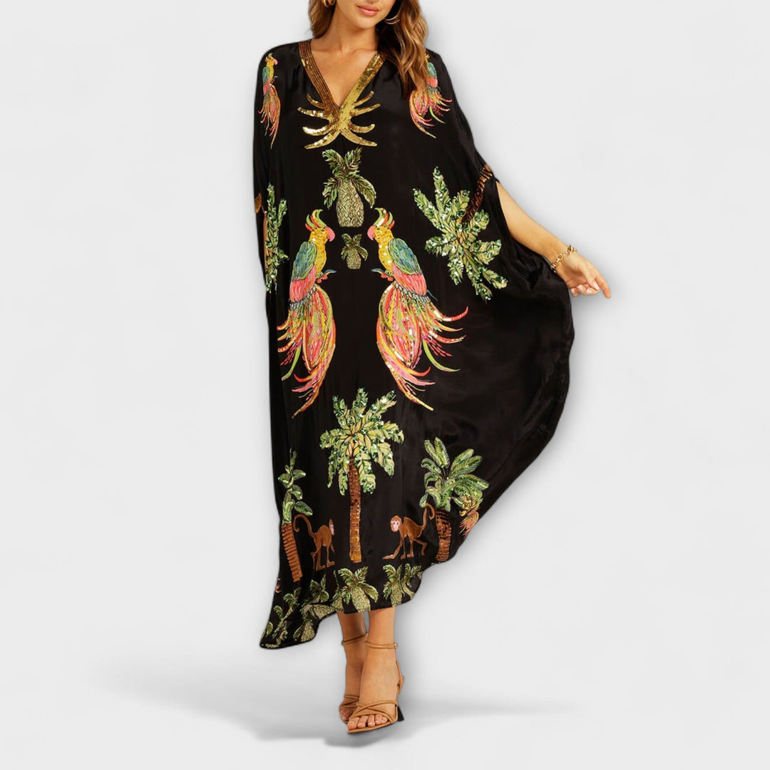 Linda - Abito Off-Shoulder con Spalla Asimmetrica e Stampa Palmetta