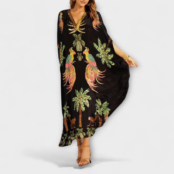 Linda - Abito Off-Shoulder con Spalla Asimmetrica e Stampa Palmetta