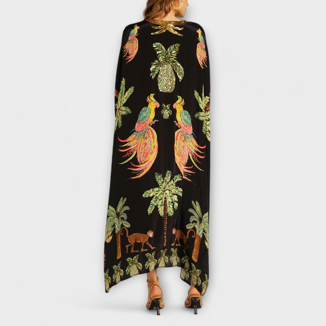 Linda - Abito Off-Shoulder con Spalla Asimmetrica e Stampa Palmetta