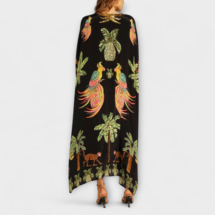 Linda - Abito Off-Shoulder con Spalla Asimmetrica e Stampa Palmetta