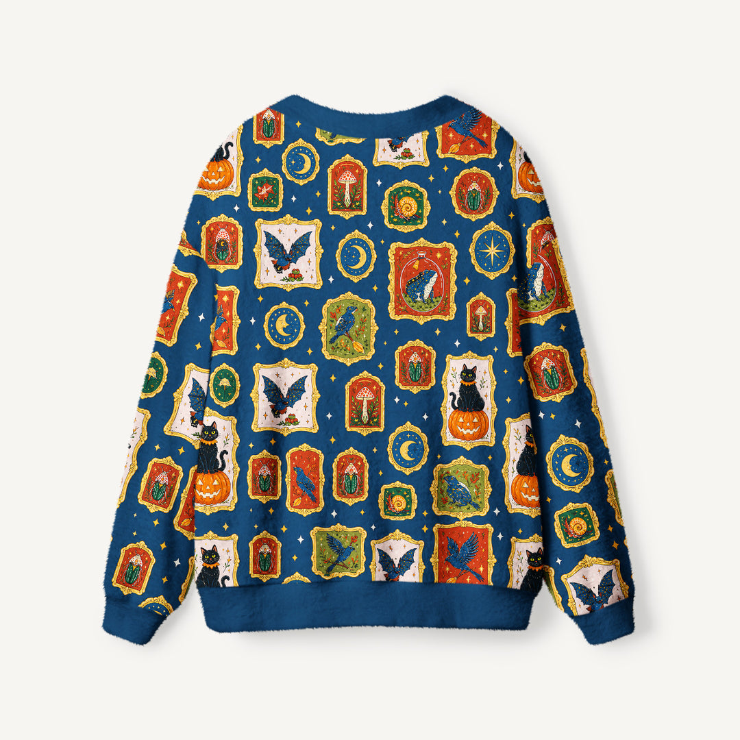 Cardigan lavorato a maglia di Halloween con gatti neri, pipistrelli e lune