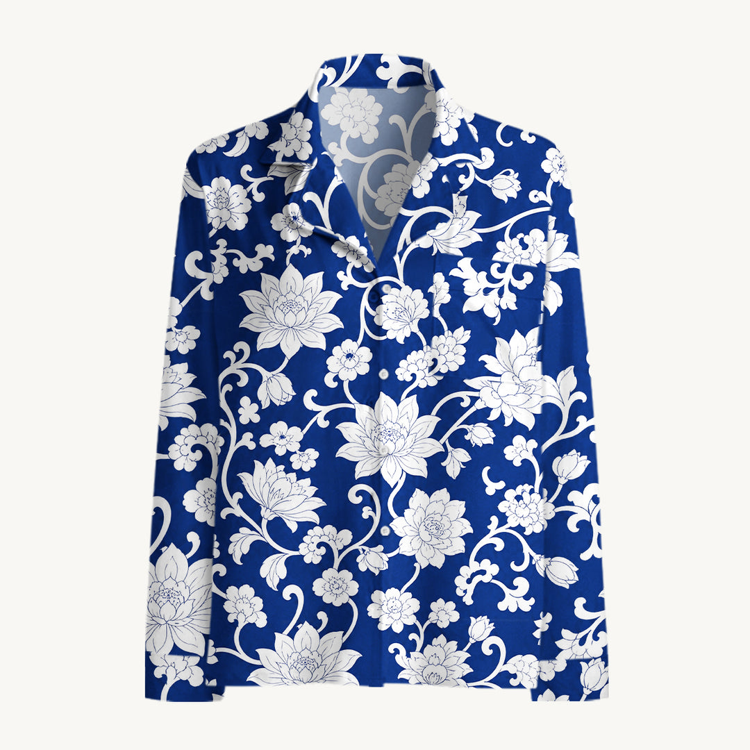 Set di pigiami a maniche lunghe con fiori blu e bianchi in porcellana