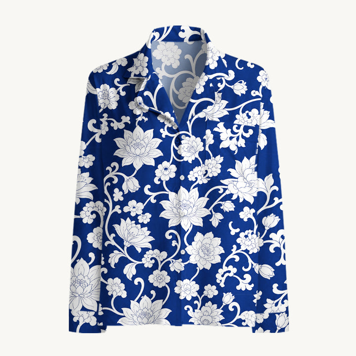 Set di pigiami a maniche lunghe con fiori blu e bianchi in porcellana