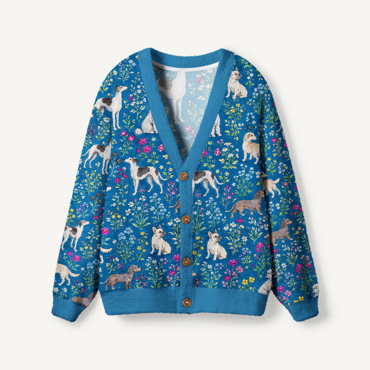 Cardigan lavorato a maglia con cani e fiori di campo