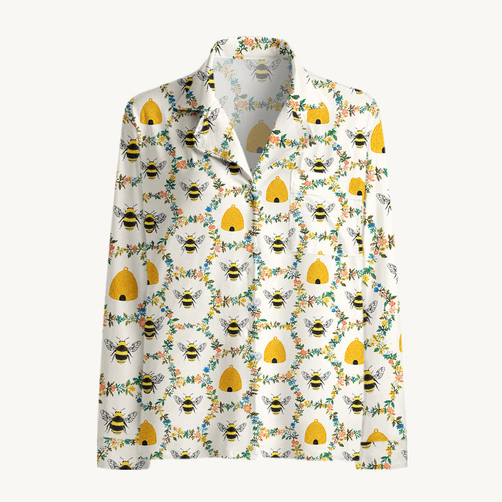Set di pigiami a maniche lunghe con api, alveari e fiori da giardino