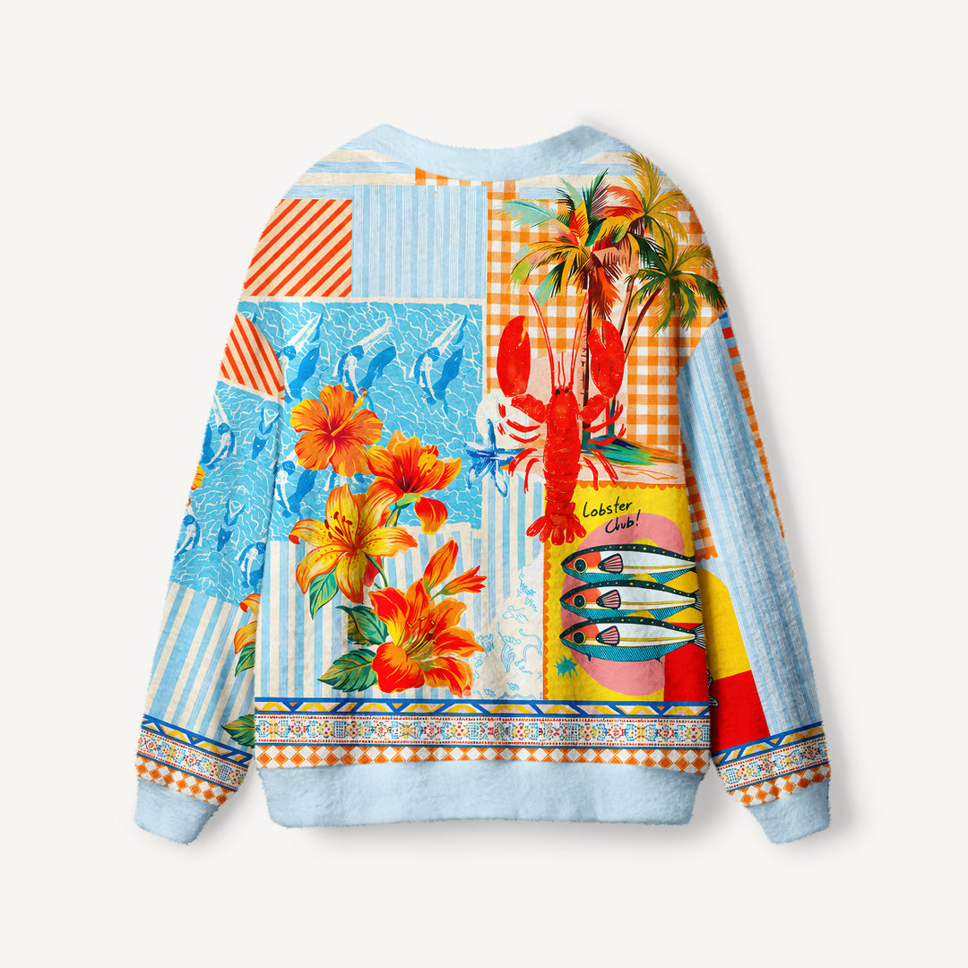 Cardigan lavorato a maglia tropicali con patchwork di aragoste