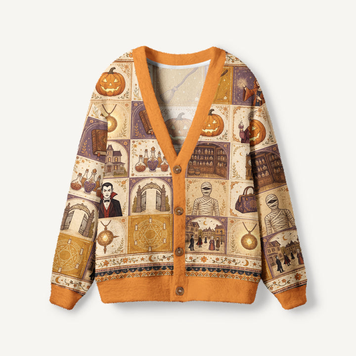 Cardigan lavorato a maglia in patchwork con motivi ispirati al mitico villaggio di Halloween
