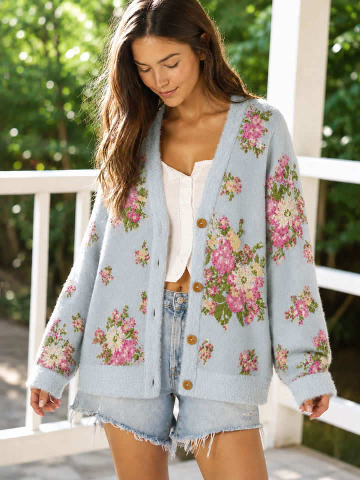 Cardigan lavorato a maglia con motivo floreale rosa vintage
