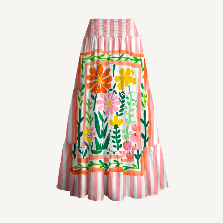 Gonna lunga con stampa floreale tropicale e palme e abito senza spalline