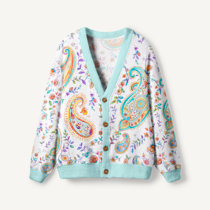 Cardigan lavorato a maglia con motivi boho, paisley, floreali e botanici