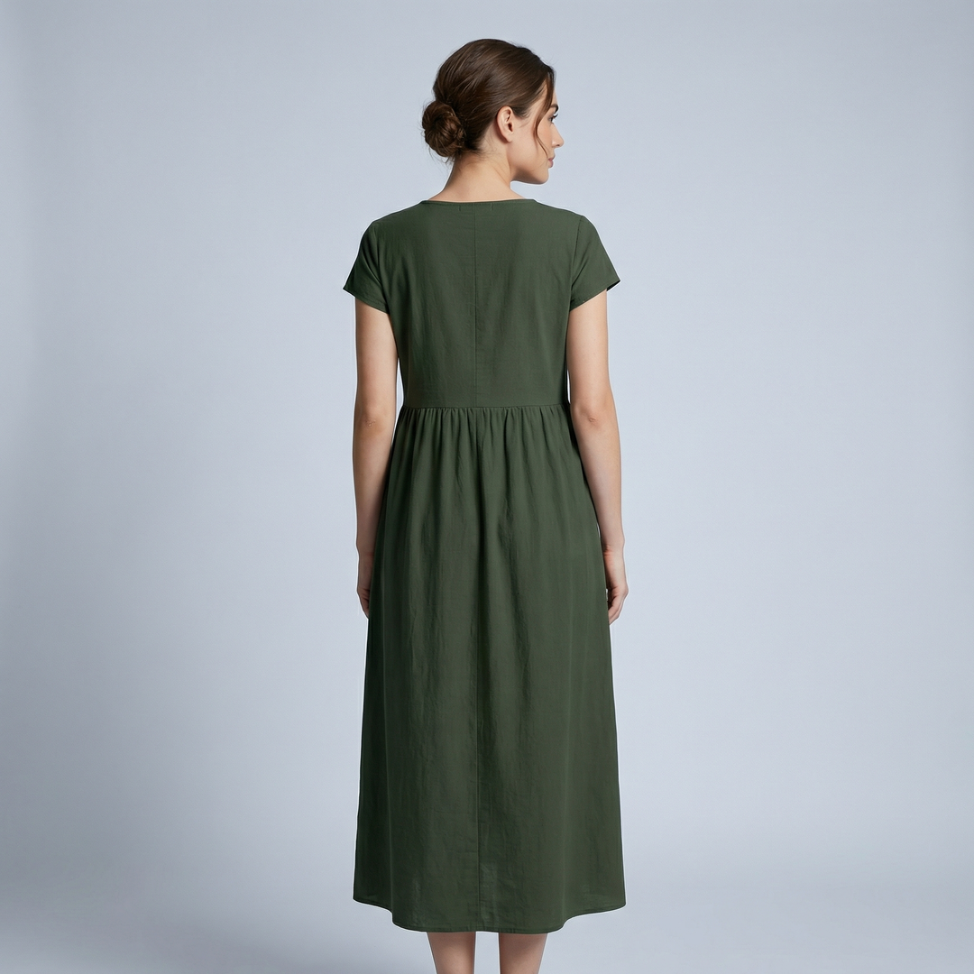 Disinvolta Abito Midi Donna Leggero Con Tasche Manica Corta