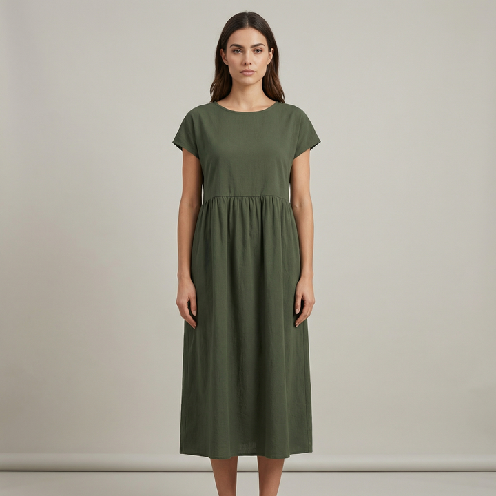 Disinvolta Abito Midi Donna Leggero Con Tasche Manica Corta